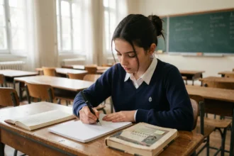 Lycéenne écrivant une citation de Rimbaud dans son cahier lors d'un devoir sur table en classe de français