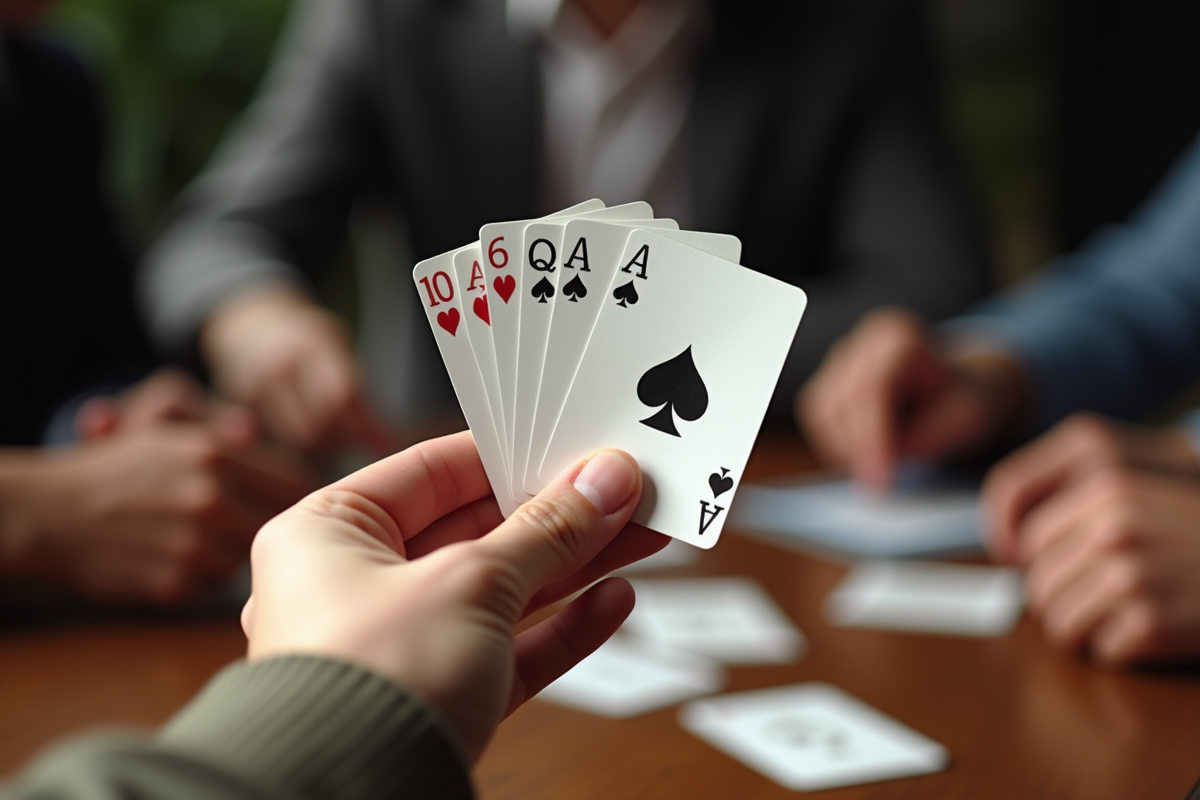 Main tenant une main gagnante pour le jeu Président en lumière naturelle