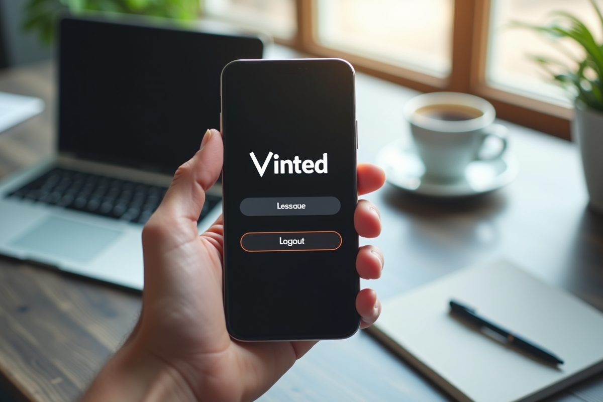 Main tenant un smartphone avec le logo Vinted prêt à se déconnecter