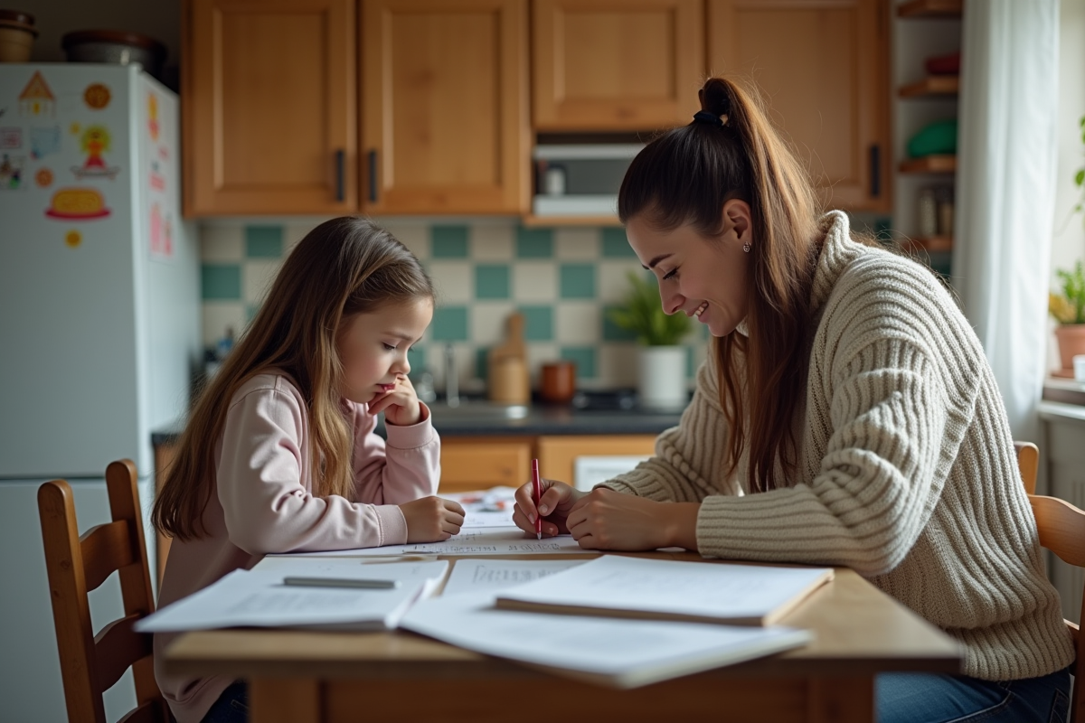 Femme et fille faisant leurs devoirs à la maison