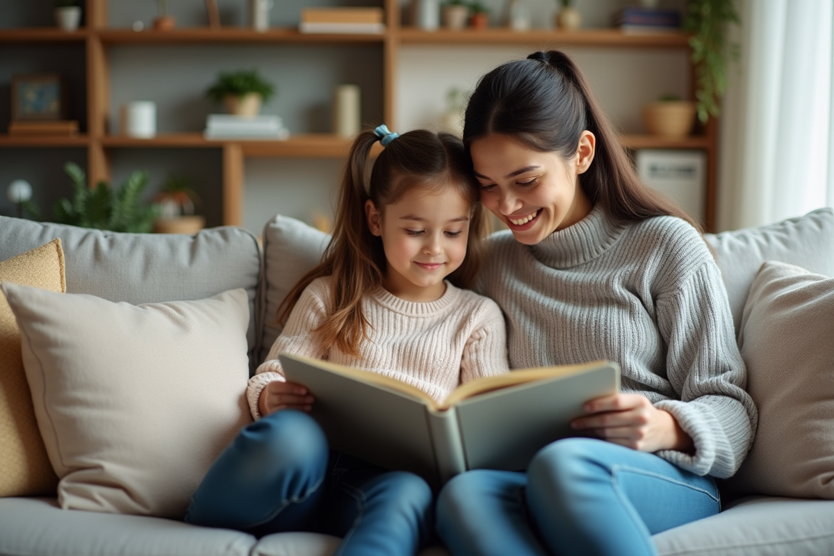 Maman et fille lisant un livre dans le salon lumineux
