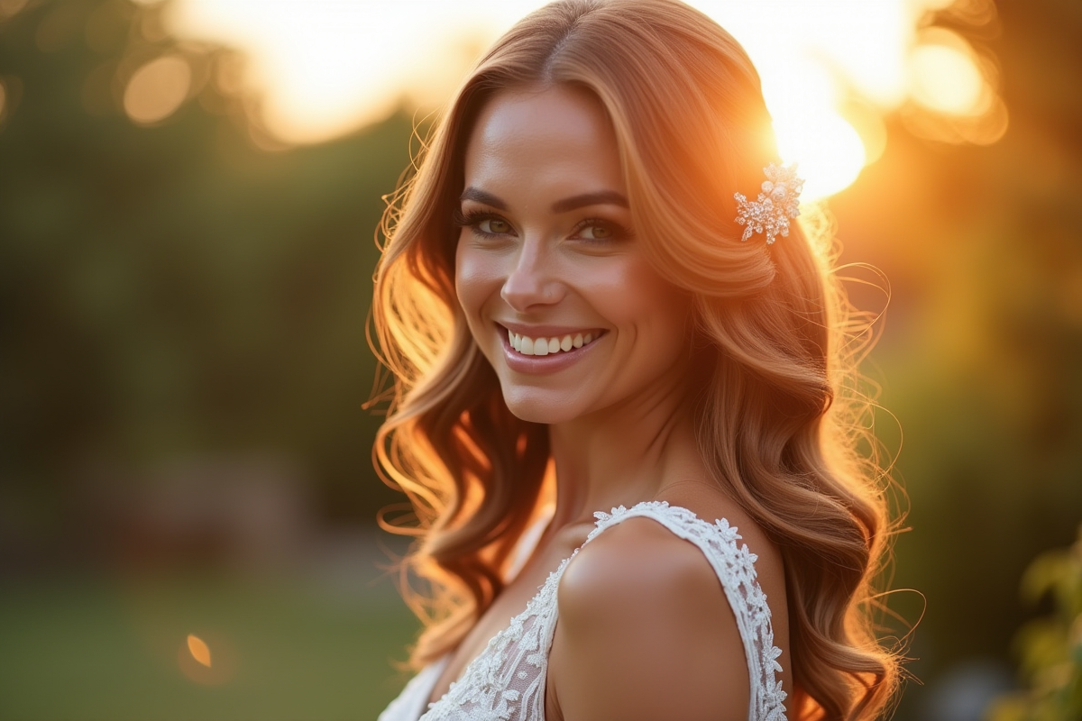 Mariée souriante avec cheveux ondulés en extérieur