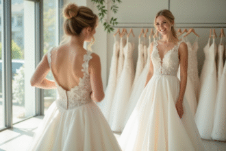 Jeune mariée souriante essayant une robe de mariage élégante