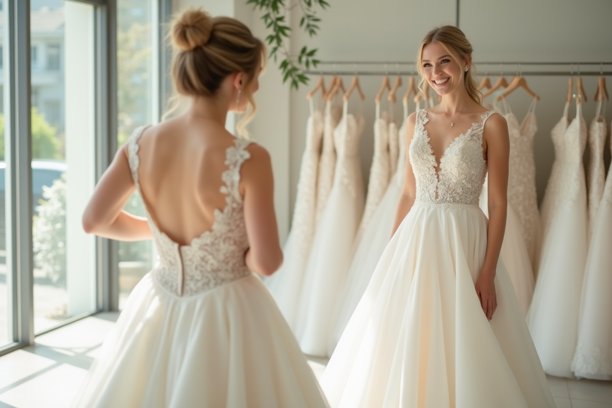 Jeune mariée souriante essayant une robe de mariage élégante