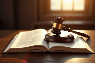 Un marteau de juge sur un code civil ouvert ensoleille