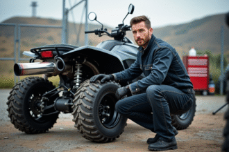 Mécanicien moto en extérieur avec quad et échappement