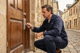 Serrurier professionnel en intervention devant une porte résidentielle en Mayenne