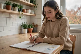 Mère de famille consultant le calendrier scolaire de la rentrée 2026 avec les dates des vacances d'hiver et de printemps