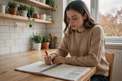 Mère de famille consultant le calendrier scolaire de la rentrée 2026 avec les dates des vacances d'hiver et de printemps