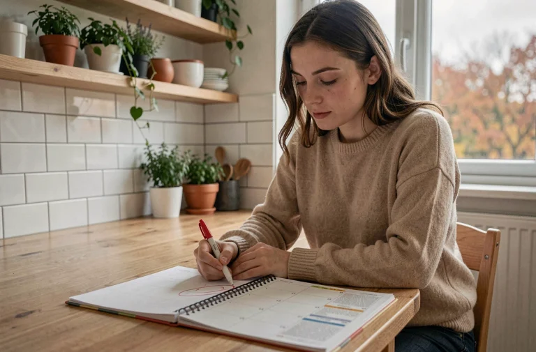 Mère de famille consultant le calendrier scolaire de la rentrée 2026 avec les dates des vacances d'hiver et de printemps