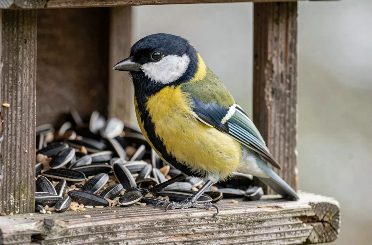 Mésange charbonnière avec sa cravate noire sur le ventre jaune