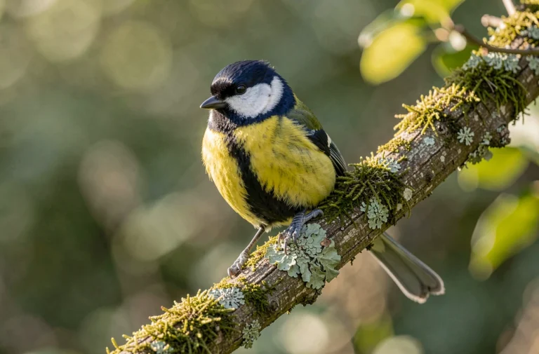 Mésange charbonnière posée sur une branche de jardin