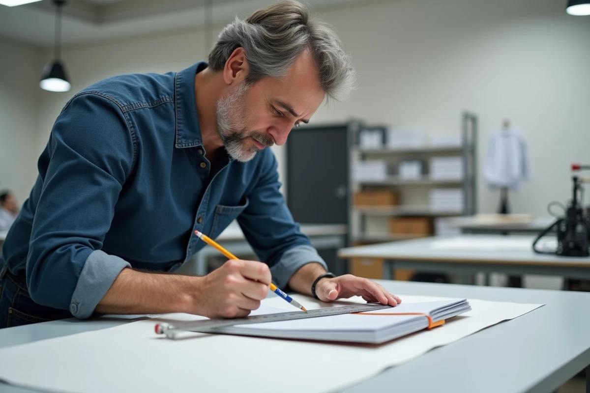 Designer mesurant le format d'une maquette de livre dans un studio d'impression professionnel