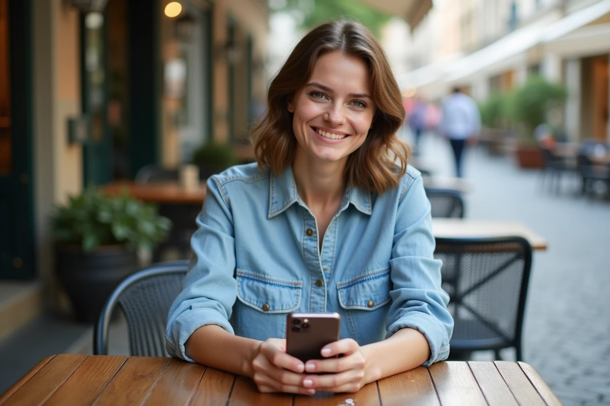 Femme jouant au Monopoly sur téléphone hors ligne en terrasse de café en ville