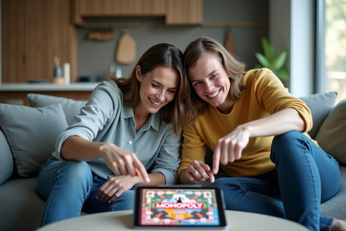 Deux adultes jouant ensemble au Monopoly hors ligne sur tablette dans un appartement moderne