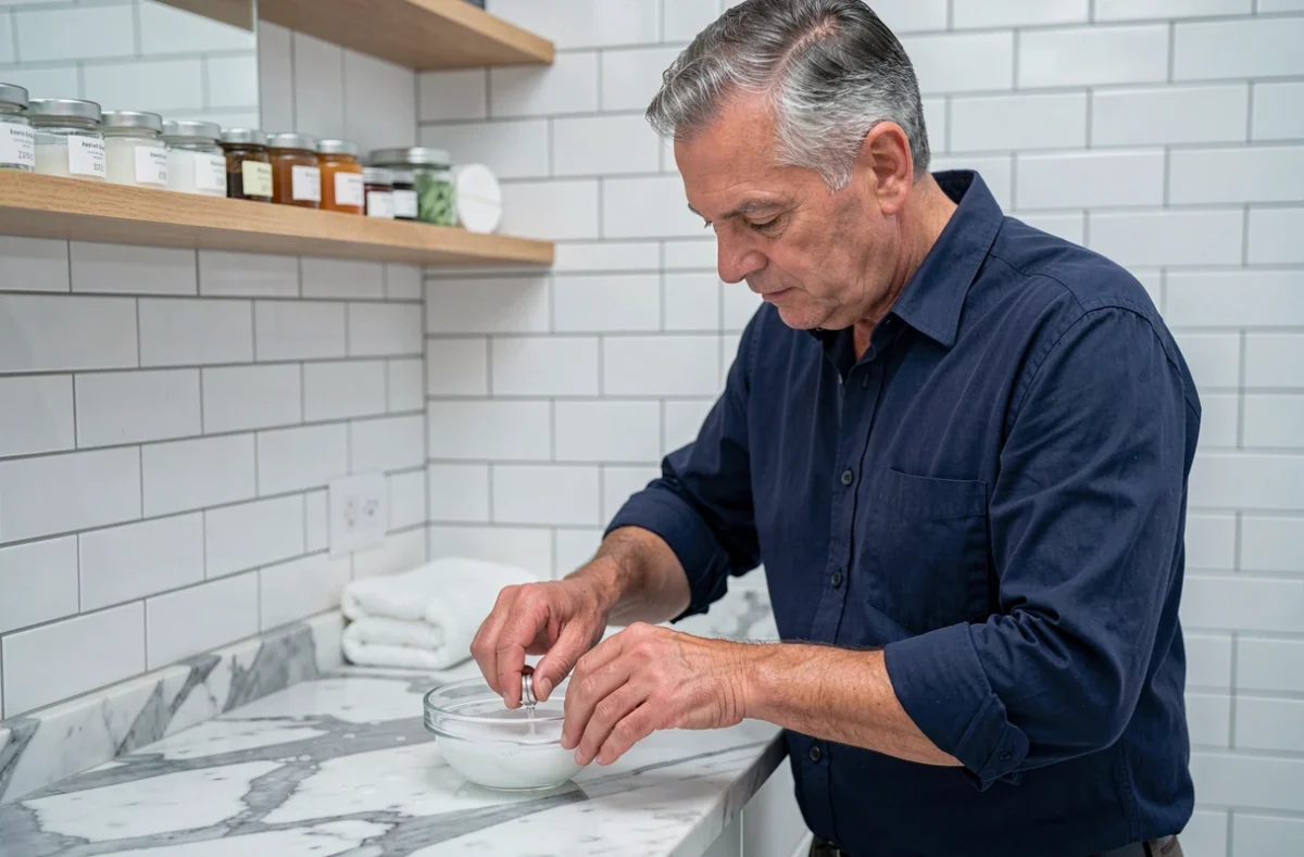 Homme trempant une bague en argent poinçonnée dans une solution savonneuse dans une salle de bain minimaliste