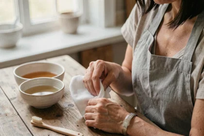 Femme nettoyant un bracelet en argent poinçonné avec un chiffon microfibre et une brosse douce sur une table en bois