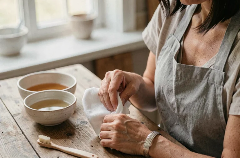 Femme nettoyant un bracelet en argent poinçonné avec un chiffon microfibre et une brosse douce sur une table en bois