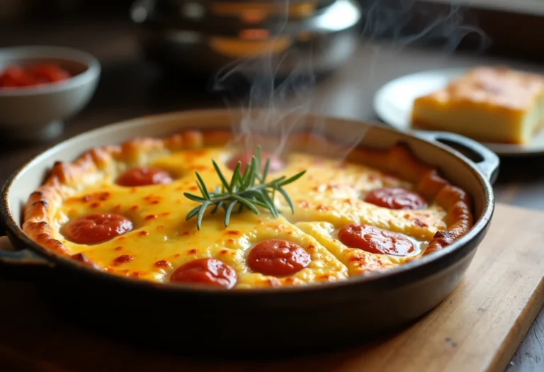Tartiflette réchauffée avec lardons et reblochon dans un plat au four