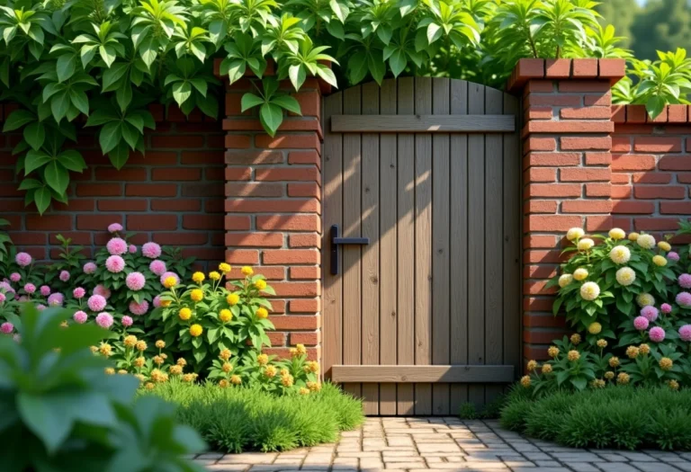 clôture en bois sur muret dans un jardin verdoyant