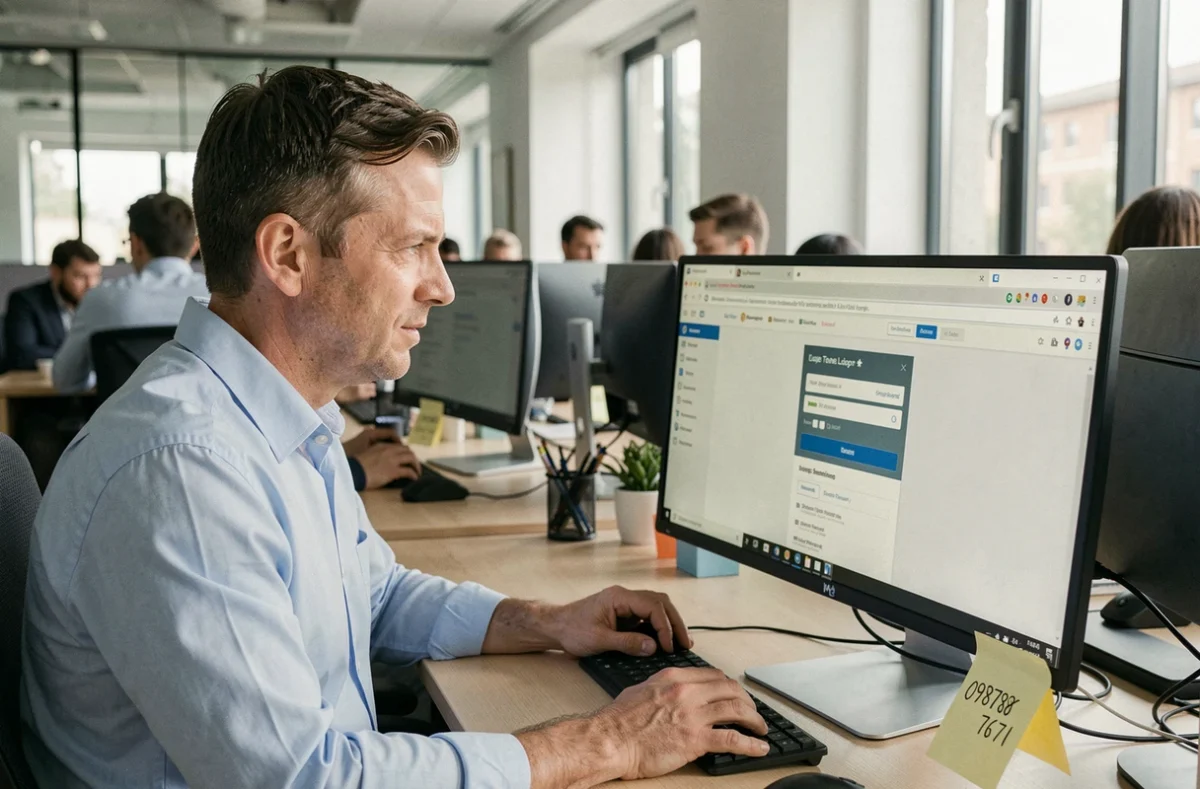 Homme au bureau utilisant un outil en ligne pour identifier et filtrer un numéro de téléphone inconnu