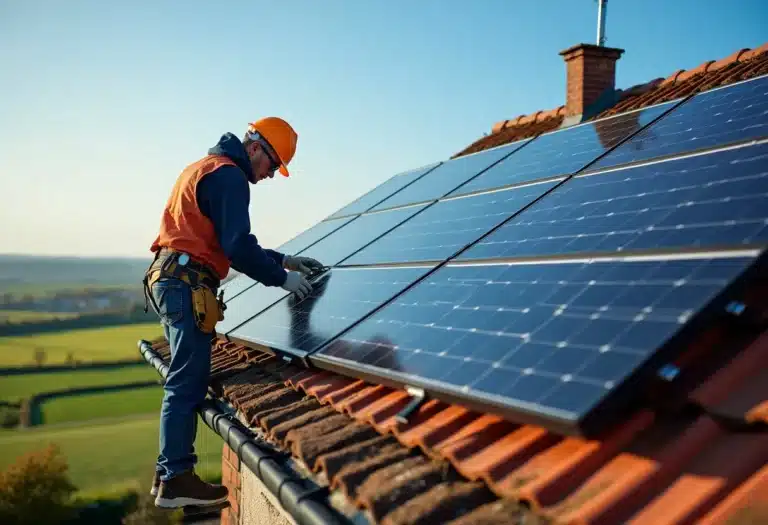 Toit normand avec panneaux solaires sous un ciel ensoleillé