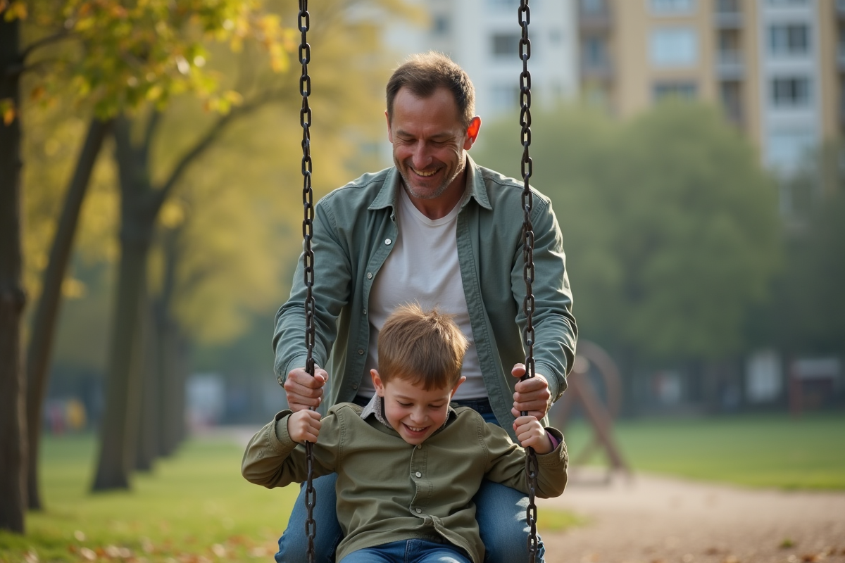 Père poussant son fils sur une balançoire dans un parc