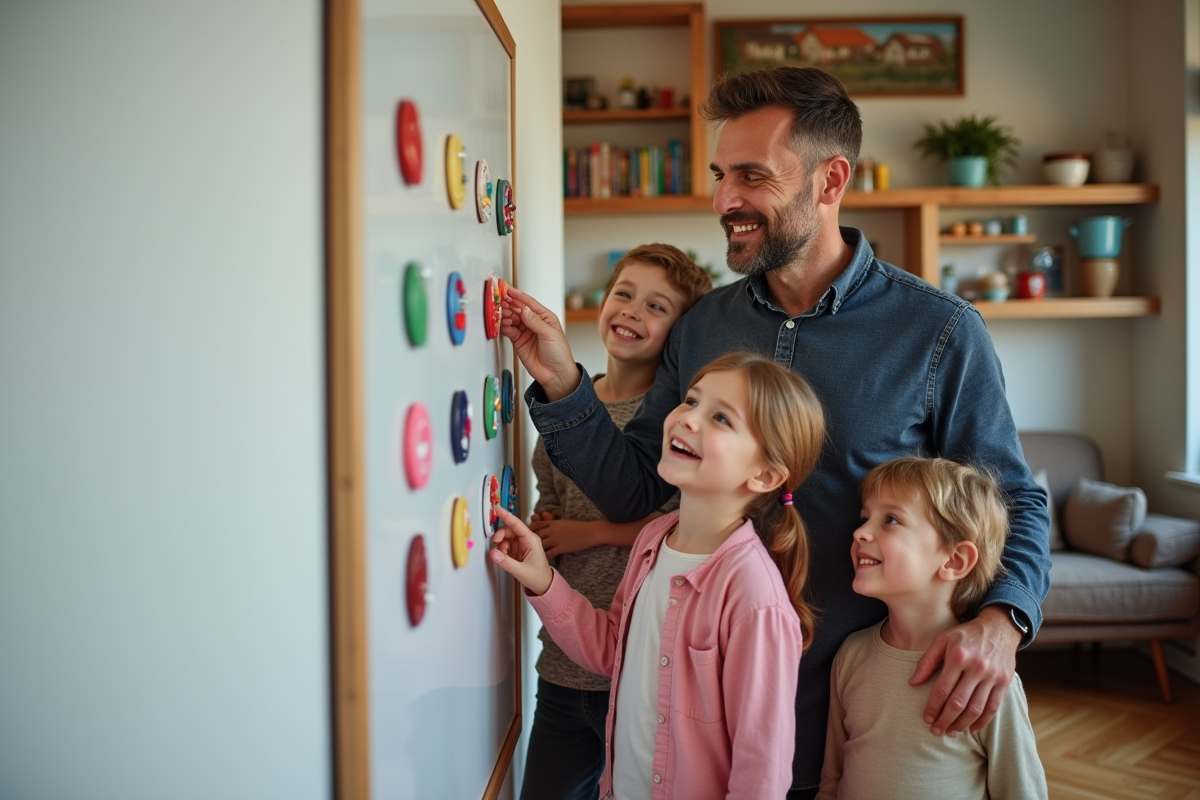 Père et enfants arrangeant des magnets de tâches sur un tableau blanc