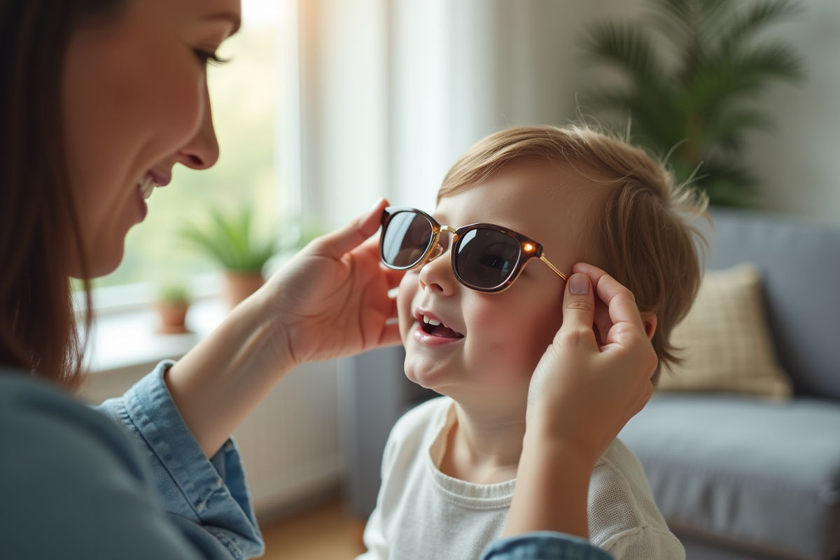 Parent ajustant des lunettes sur un enfant dans un salon lumineux