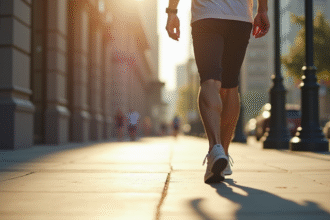 Personne marchant vite dans la ville ensoleillée avec tracker fitness