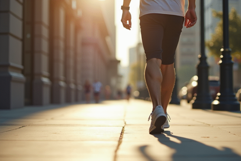 Personne marchant vite dans la ville ensoleillée avec tracker fitness