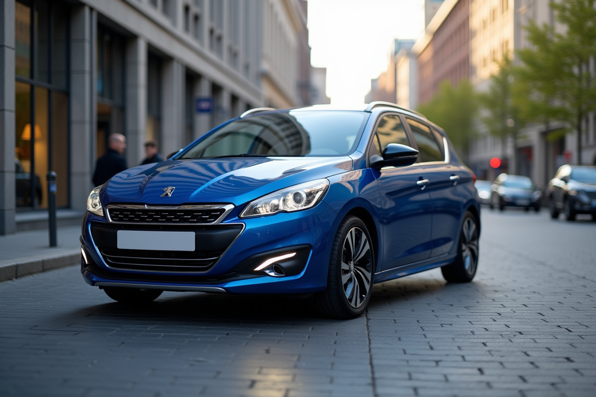 Peugeot 308 GT bleue garée en ville en journée