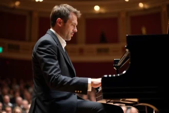 Pianiste français en costume marine jouant sur un Steinway lors d'un concert classique sur scène