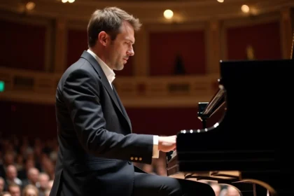 Pianiste français en costume marine jouant sur un Steinway lors d'un concert classique sur scène