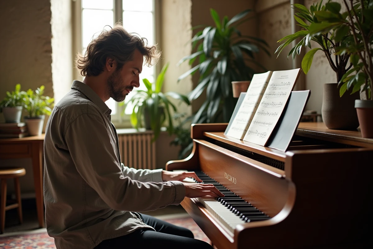 Pianiste français aux cheveux poivre et sel jouant du piano droit dans un studio parisien bohème