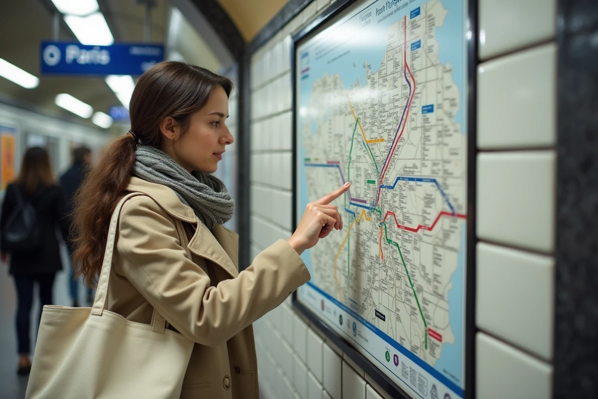 Femme étudiant le plan du métro parisien pour choisir entre la ligne 14 et la ligne 4