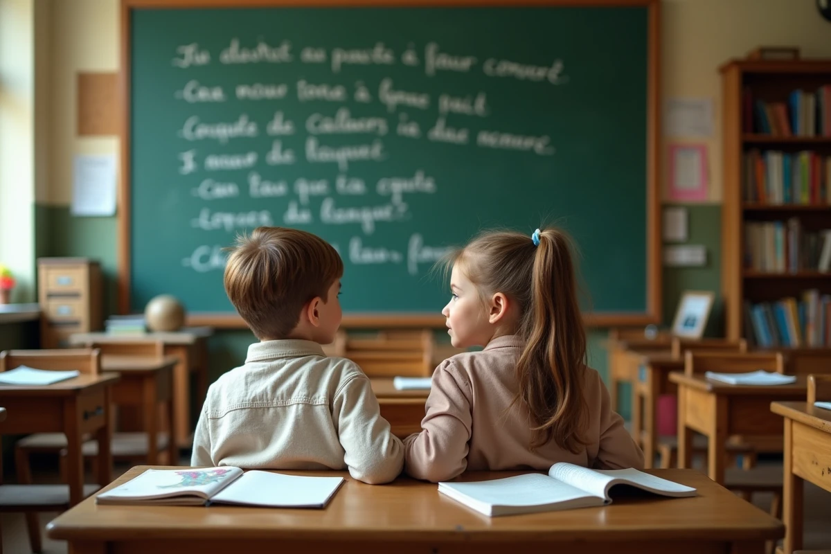 Deux élèves de CM1 assis en classe lisant un poème sur la rentrée écrit au tableau, avec des expressions d'émotions mélangées