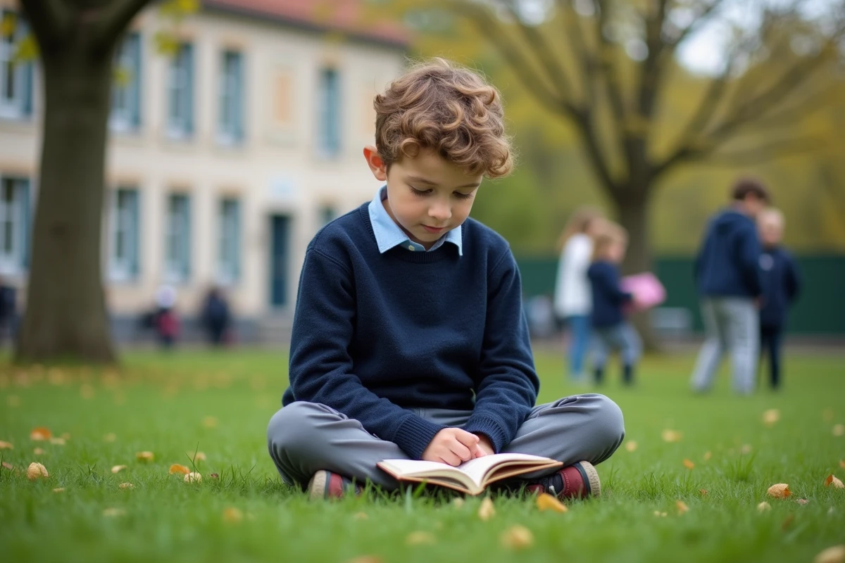 Garçon de CM1 assis dans la cour d'école lisant un poème dans un cahier, exprimant des émotions pensives à la rentrée