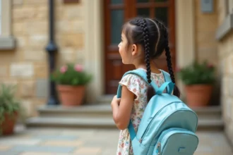 Petite fille de CE2 avec un sac à dos devant l'entrée de l'école à la rentrée, exprimant un mélange d'émotions