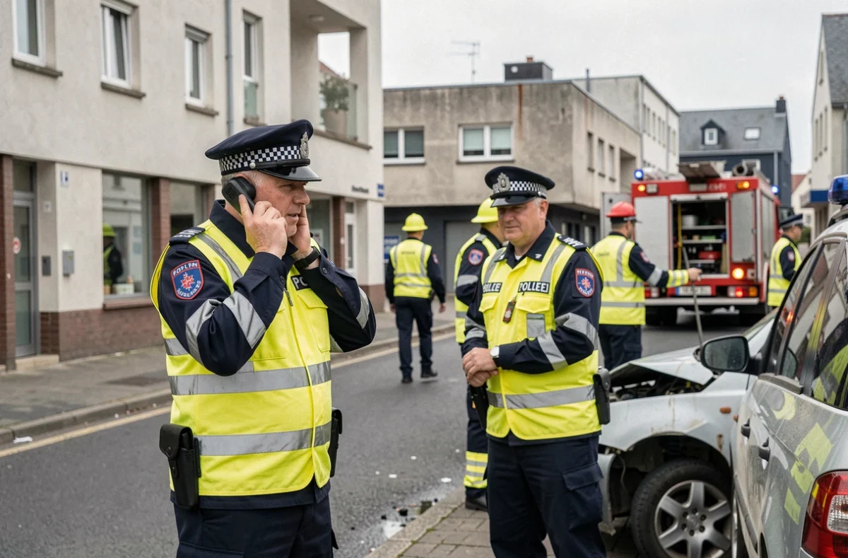 Policiers et secouristes en gilets jaunes intervenant sur les lieux d'un accident à Lorient