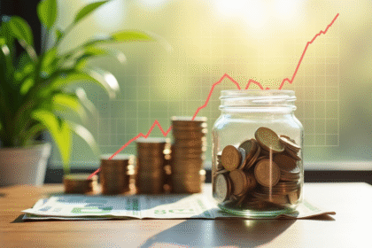 Pot de coins et billets sur une table en bois avec croissance financière