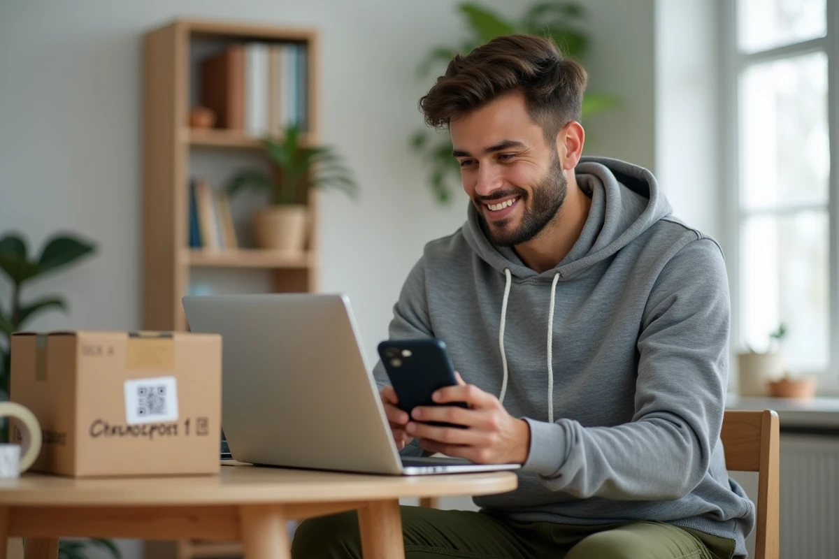 Jeune homme préparant un envoi Chronopost sans imprimante en scannant un QR code depuis son ordinateur portable