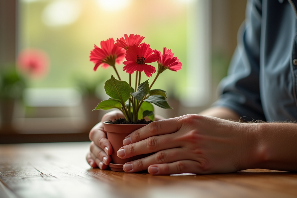 Mains préparant un géranium sur une table en bois