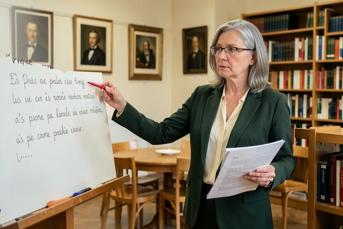 Professeure de lettres expliquant l'intégration d'une citation de Rimbaud au tableau lors d'un cours de méthodologie