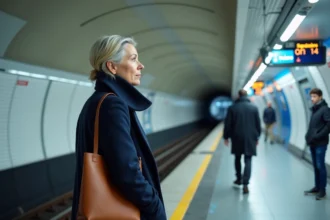 Voyageuse sur le quai de la ligne 14 du métro parisien attendant un train automatique moderne
