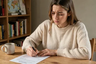 Jeune femme concentrée répondant à un quiz sur les capitales du monde avec une feuille imprimée et un stylo, assise à un bureau en bois dans une pièce studieuse
