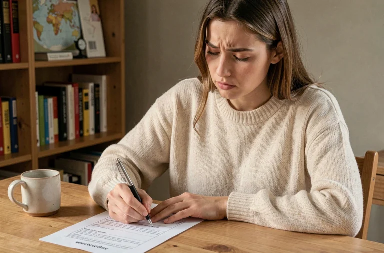 Jeune femme concentrée répondant à un quiz sur les capitales du monde avec une feuille imprimée et un stylo, assise à un bureau en bois dans une pièce studieuse