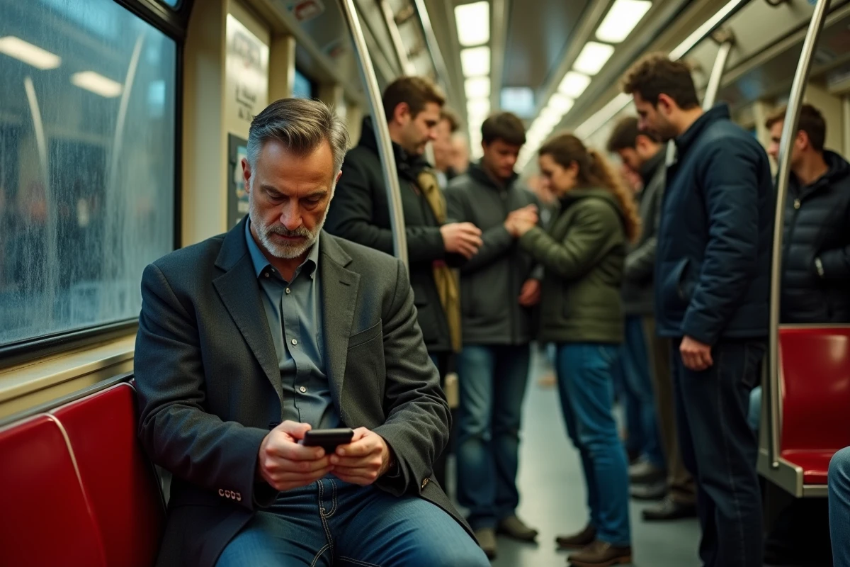 Passager consultant son téléphone dans une rame de la ligne 4 du métro parisien