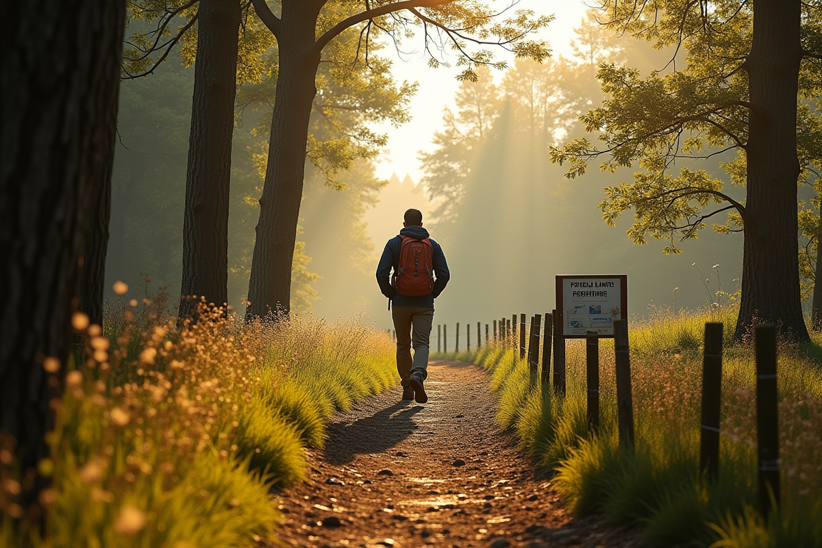 Randonneur marchant sur un sentier dans une reserve naturelle en France