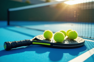 Raquette de padel et balles jaunes sur court bleu ensoleille